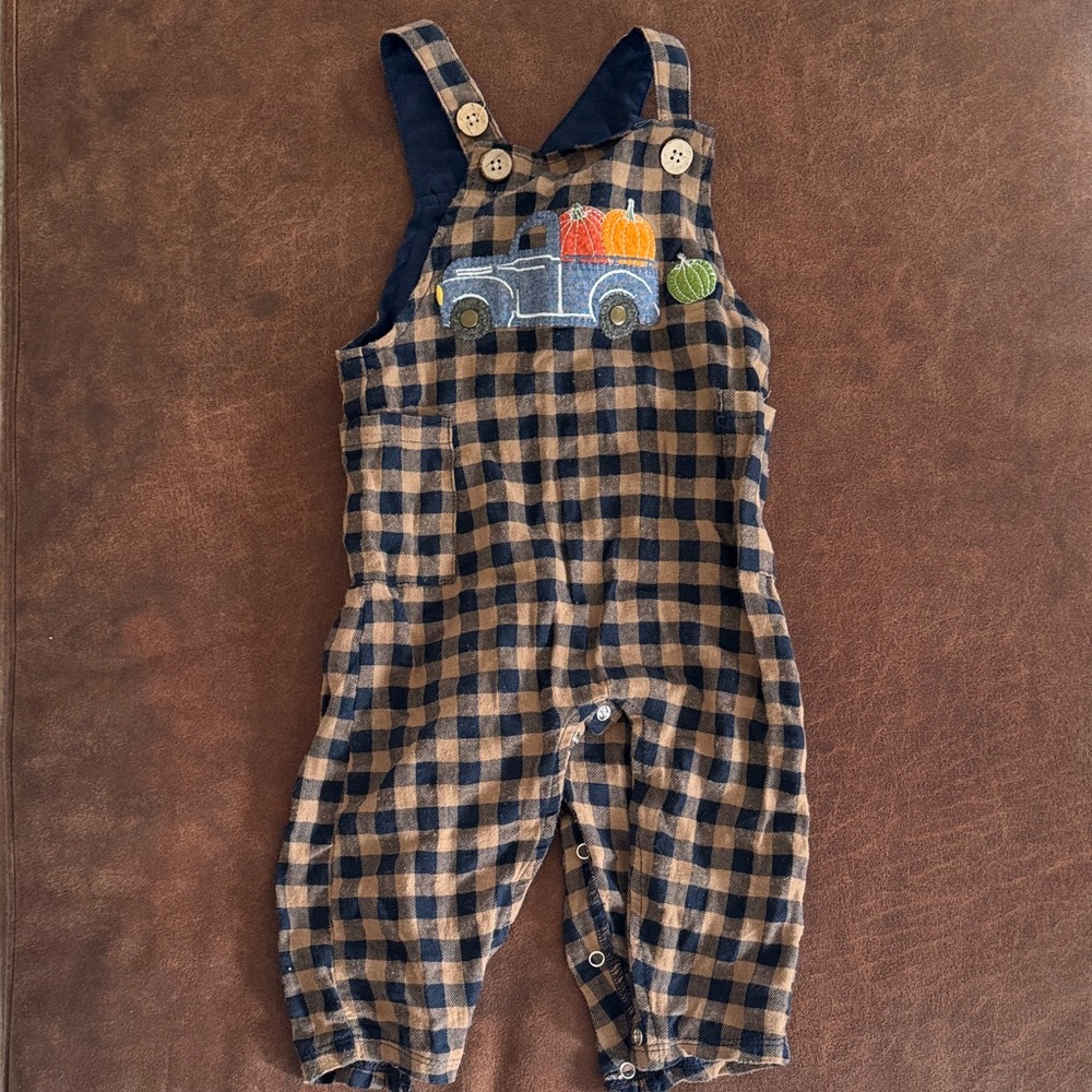 Mud Pie Navy and Tan Checkered Overalls with Truck Design